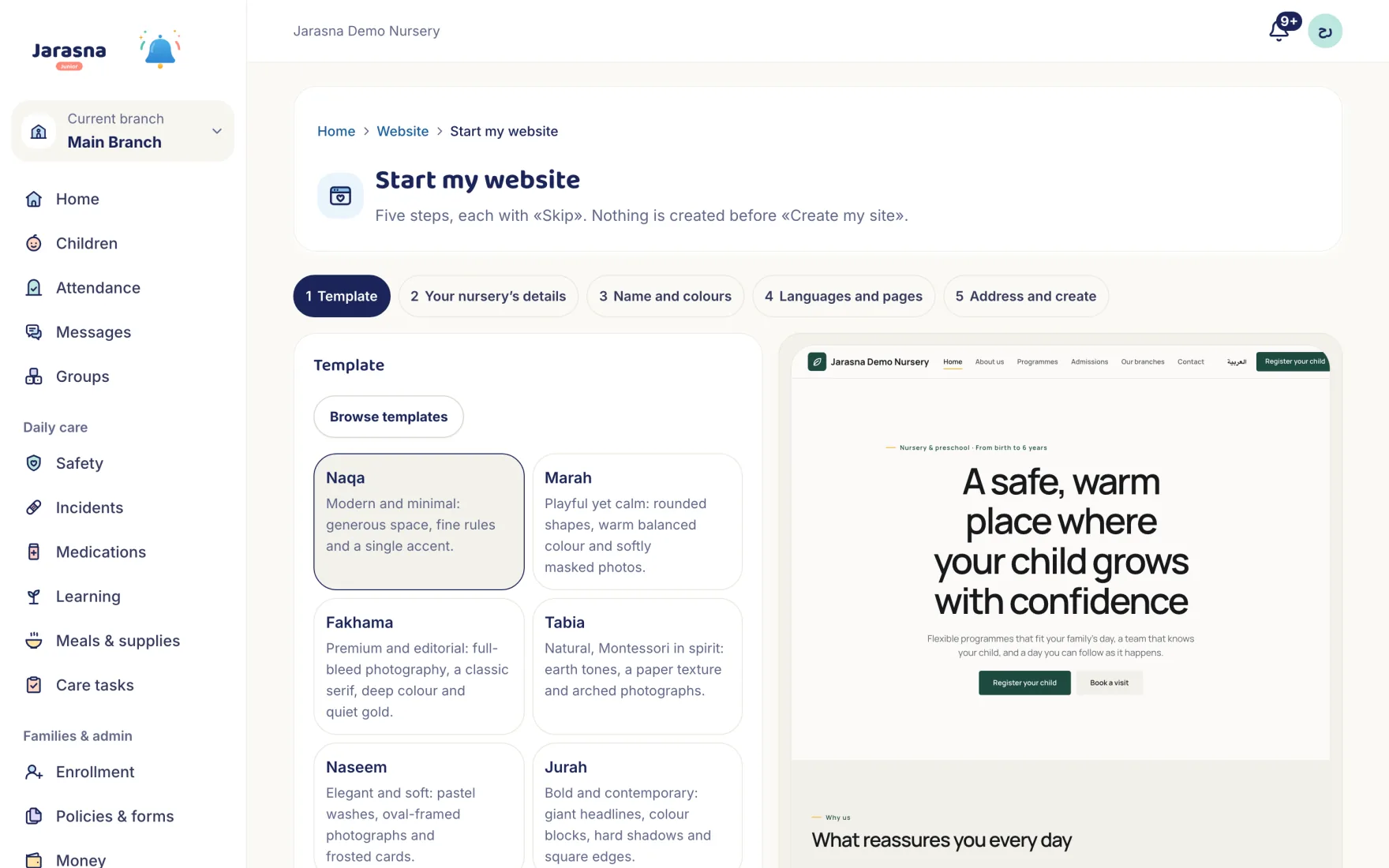 «Start my site» in Jarasna Junior: the templates beside a live preview of the nursery’s site